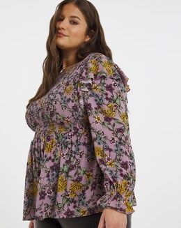 Winter Floral Print Shirred Peplum Blouse with Frill Detail