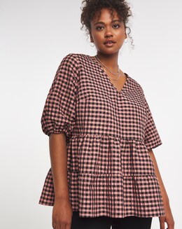 Pink Textured Check V Neck Smock Top