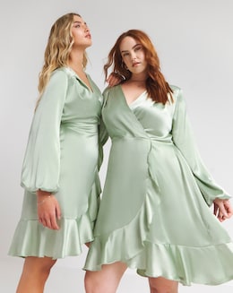 Flounce London Sage Green Heavy Satin Balloon Sleeve Mini Dress