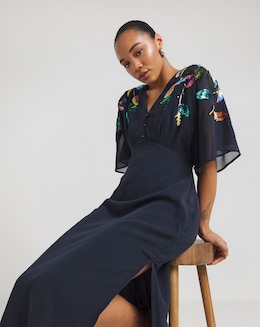 Hope &amp; Ivy Sofia Embellished V- Neck Drape Sleeve Button Front Midi Dress