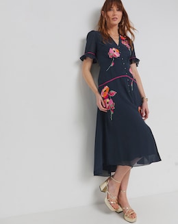 Hope &amp; Ivy Niamh Embroidered Frill Sleeve Button Front Midi Dress