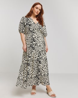 Lovedrobe Animal Print Wrap Front Puff Sleeve Midi Dress