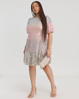 Maya Curve Mermaid Sequin Stripe Puff Sleeve Mini Dress