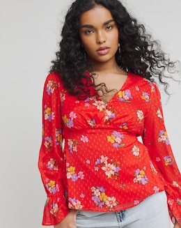 Twisted Wunder Red Floral Dobby Chiffon Frill Sleeve Blouse