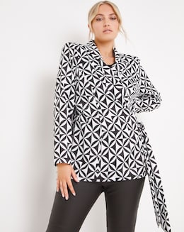 Mono Print Tie Side Satin Blazer