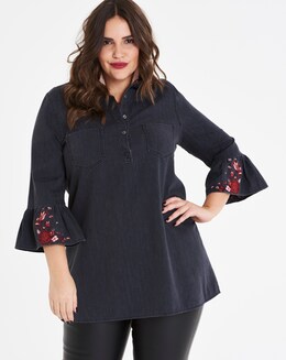Soft Denim Embroidered Fluted Sleeve Tunic