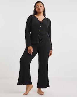 Figleaves Super Soft Rib Knit Cardi &amp; Flared Trousers Lounge Set