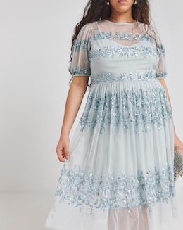 Maya Curve Puff Sleeve Stripe Sequin Embellished Tulle Midi Dress