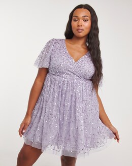 Maya Curve Cape Sleeve Sequin Embellished Wrap Mini Dress
