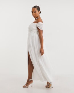 Maya Curve Bardot Delicate Sequin Tulle Maxi Dress