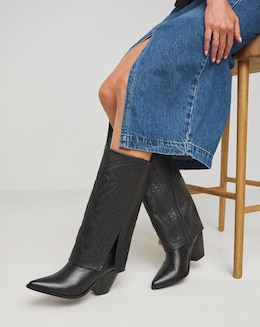 Mara Leather Embroidered Cuff Western Boots Wide E Fit Curvy Calf