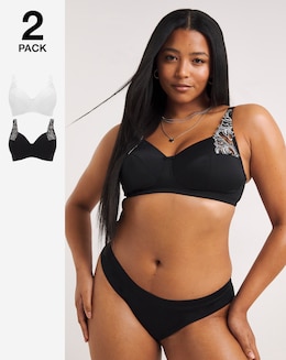 Pretty Secrets 2 Pack Flora Embroidered Full Cup Non Wired Black/White Bras