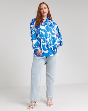 Blue Print Relaxed Satin Shirt - Image 1