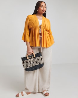 Ochre Crinkle Crochet Trim Tie Waist Blouse