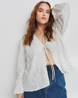 Spot Print Tie Front Blouse - Image