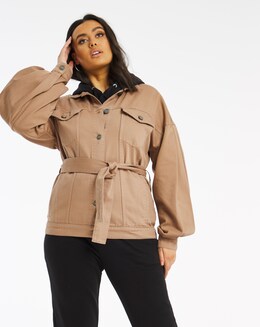 Camel Volume Sleeve Belted Shacket
