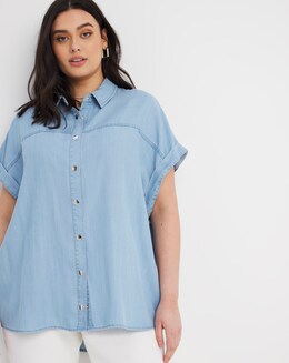 Light Blue Soft Lyocell Denim Drop Shoulder Short Sleeve Shirt