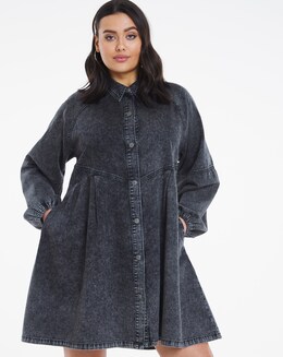 Black Acid Wash Denim Smock Shirt Dress