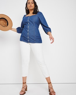 Mid Blue Denim Square Neck Puff Sleeve Top