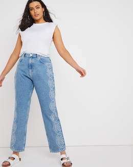 Stonewash Cut Out Detail Straight Leg Jeans