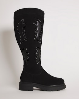 Caralynn Suede Western Chunky Knee High Boots Wide Fit Super Curvy Calf