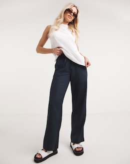 Navy Linen Mix Straight Leg Trousers