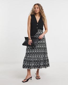 Lovedrobe Broderie Elasticated Back Waist Tiered Midaxi Skirt