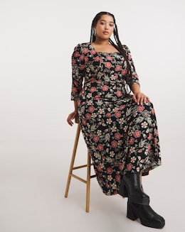 Joe Browns Black Floral Printed Long Sleeve Jersey Dress