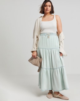 Lightweight Denim Light Blue Tiered Maxi Skirt