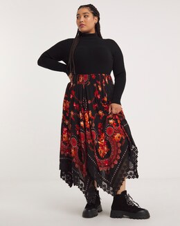 Joe Browns Fiery Boho Hanky Hem Crochet Trim Midi Skirt