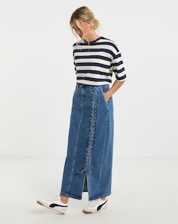Blue Lace Detail Denim Maxi Skirt