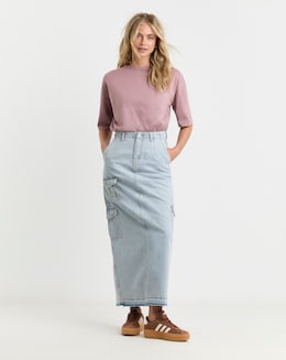 Light Wash Utility Cargo Pocket Denim Maxi Skirt