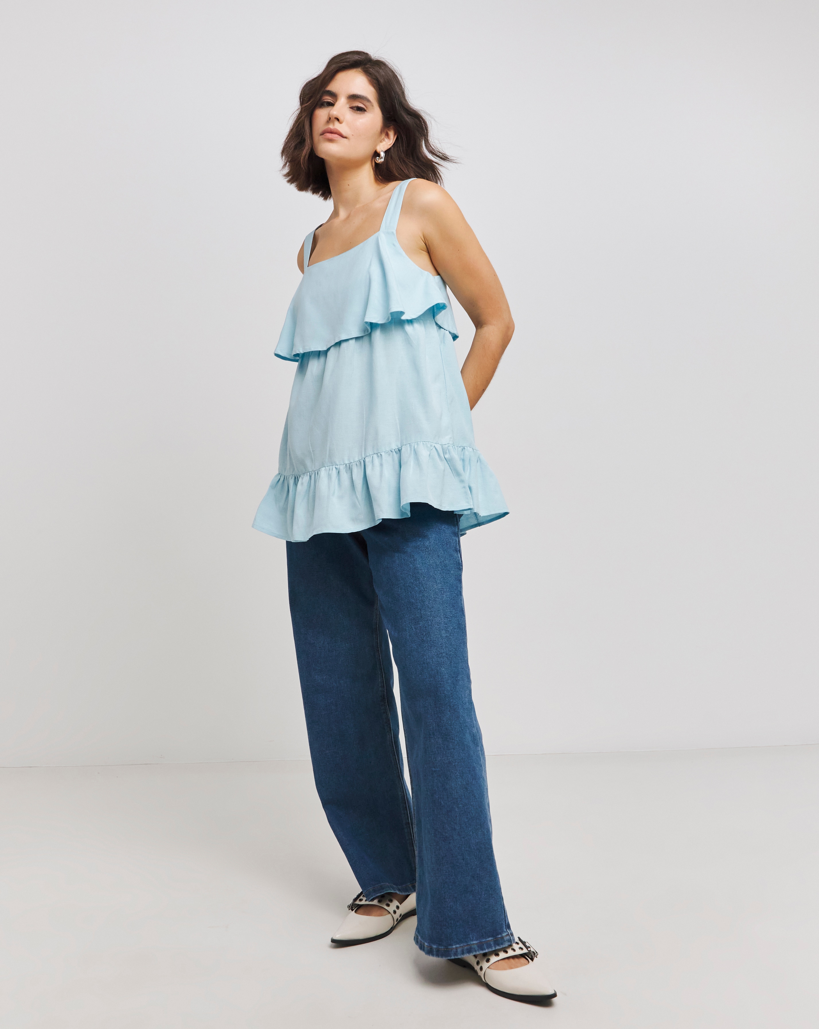 Blue Linen Frill Detail Vest Top