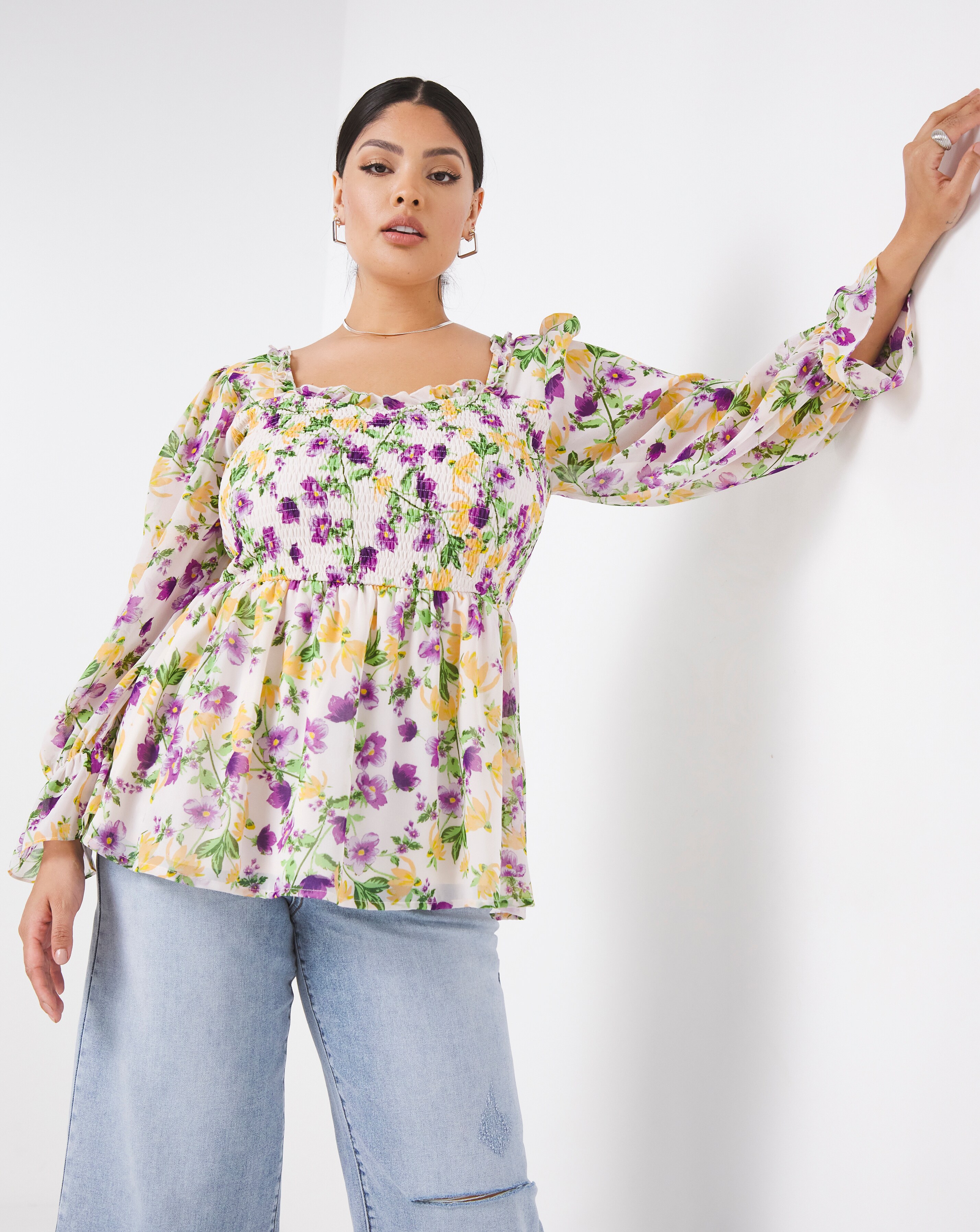 Occasion Ivory Floral Shirred Frill Square Neck Top | Simply Be