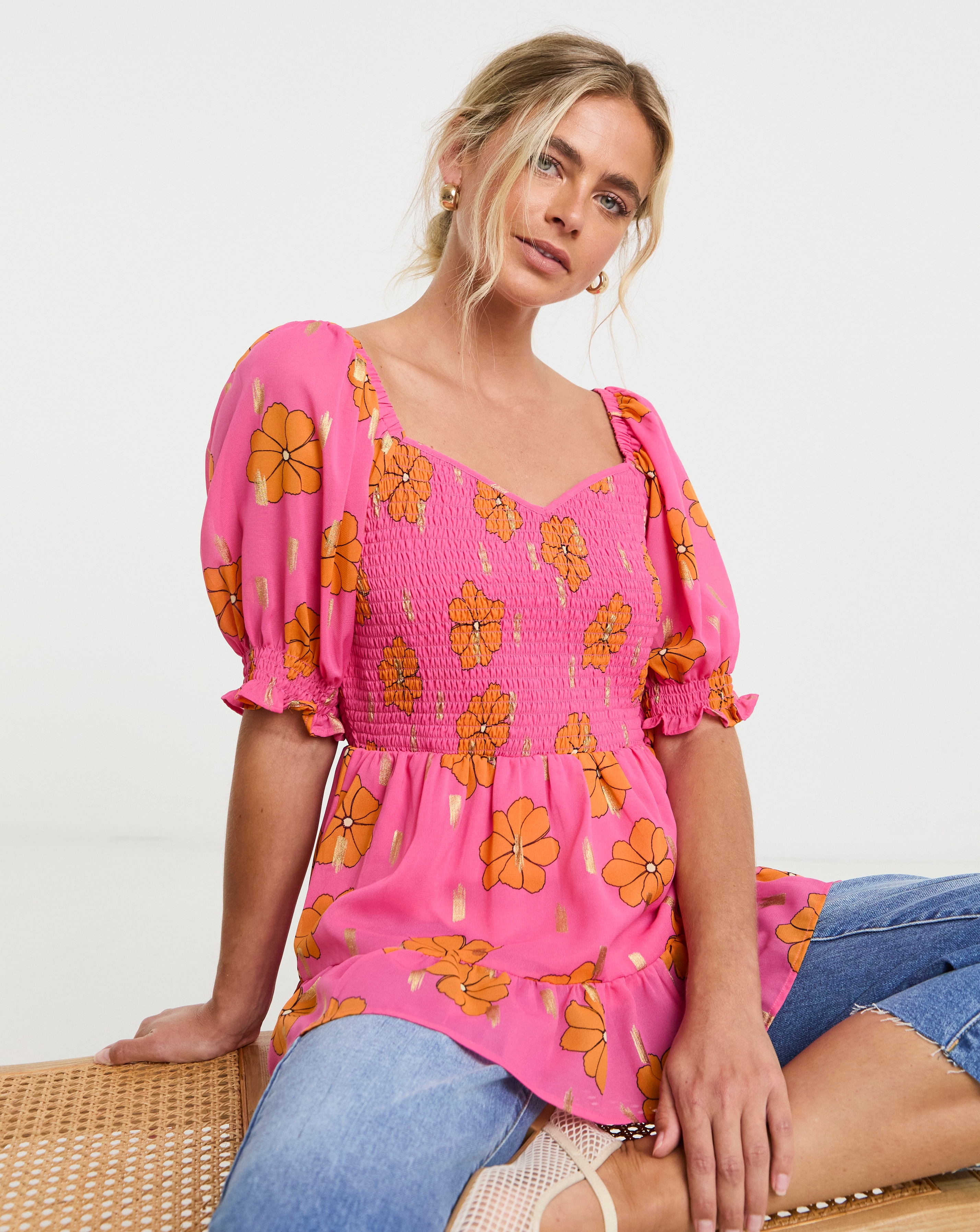 Foil Print Floral Shirred Peplum Top - Orange/Pink - Womens - Size 10 - Simply Be