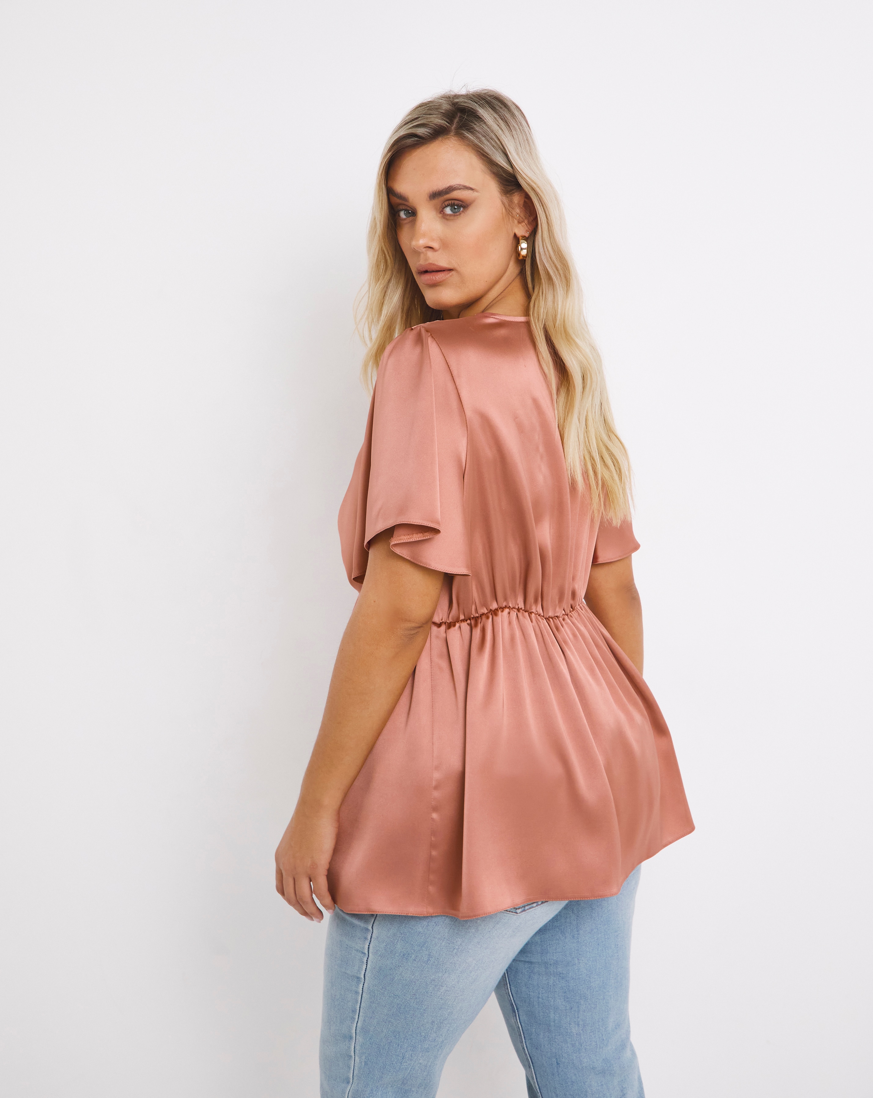 Dark Blush Pink Ruched Short Sleeve Satin Blouse | Simply Be