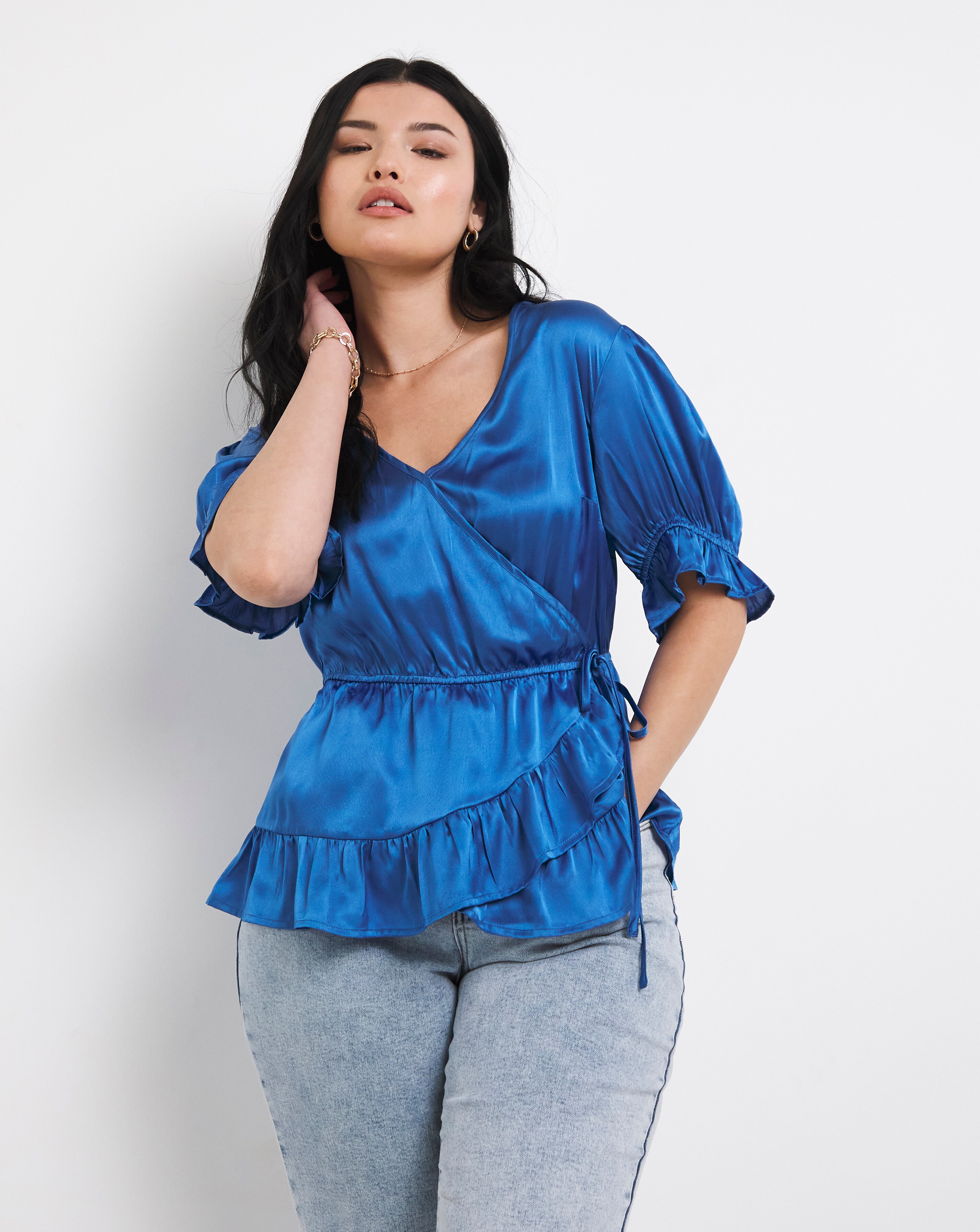 Blue Satin Wrap Top | Simply Be