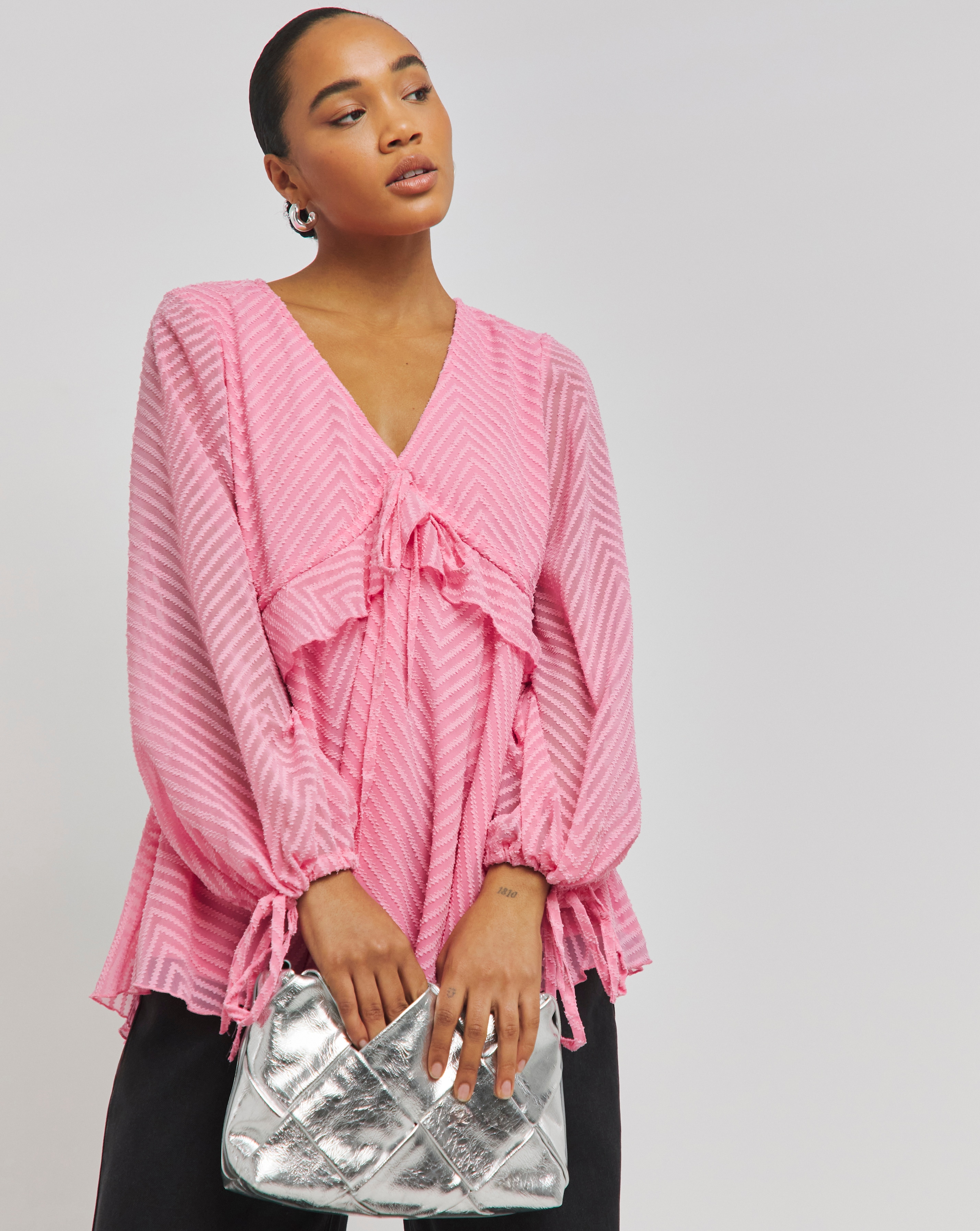 Pink Jacquard V-Neck Smock Top
