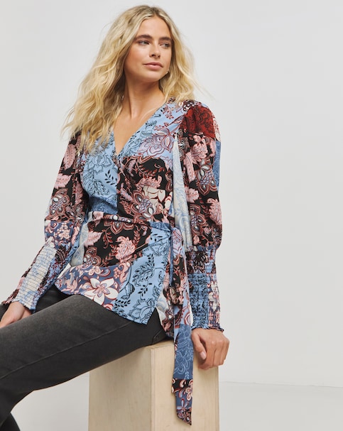 Wrap Top with Shirred Cuff