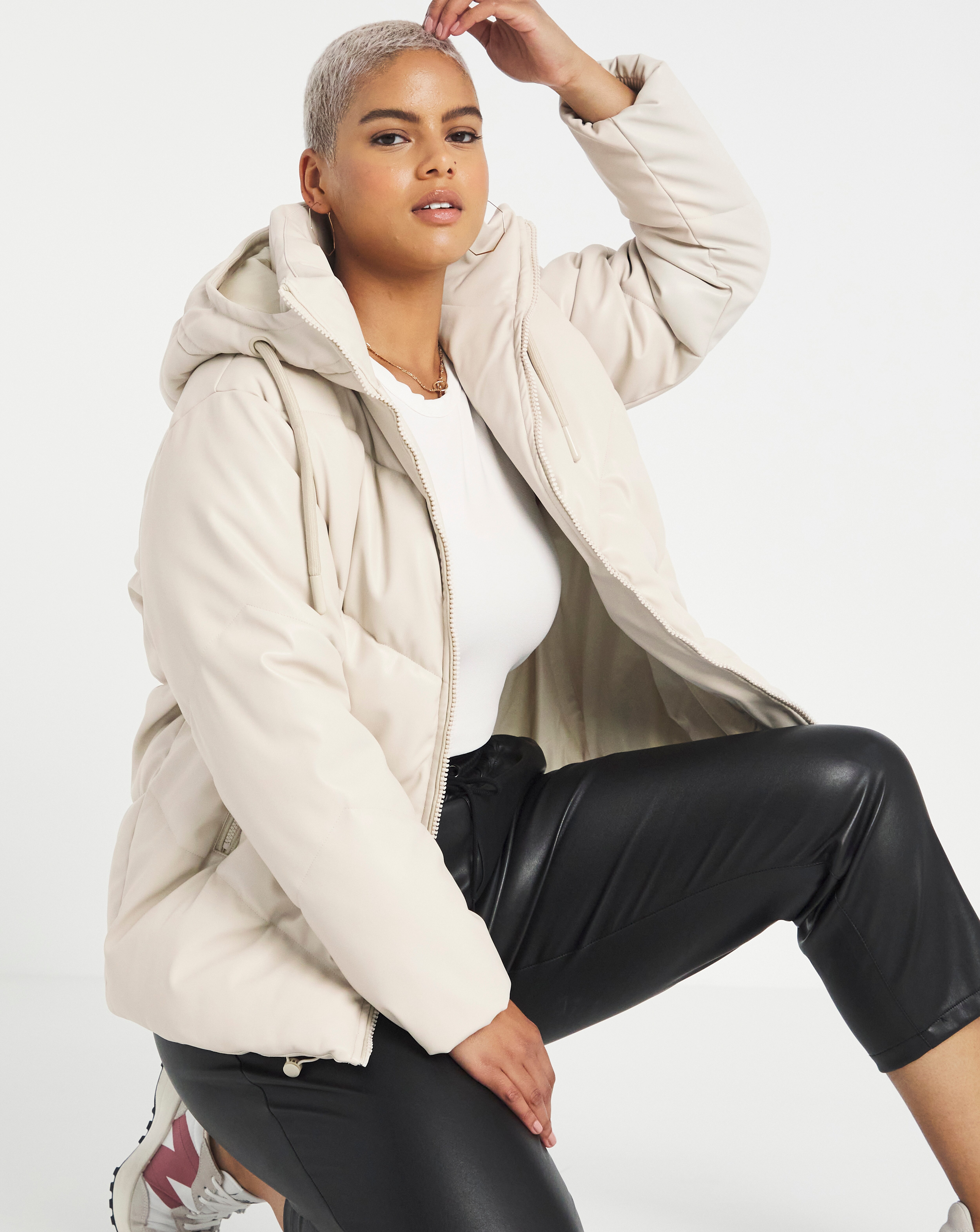 Ecru Leather Look Puffer Coat | Simply Be