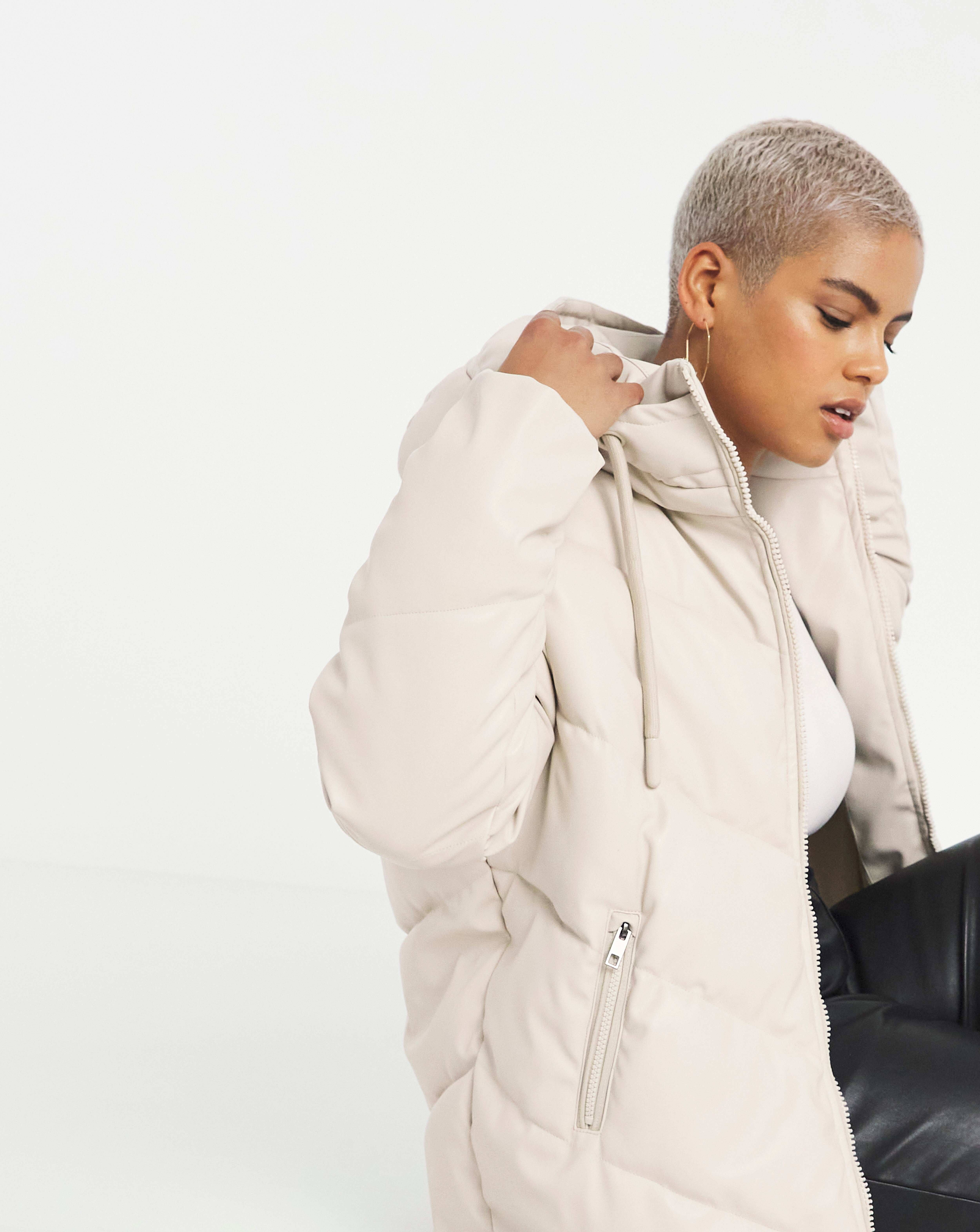 Ecru Leather Look Puffer Coat | Simply Be