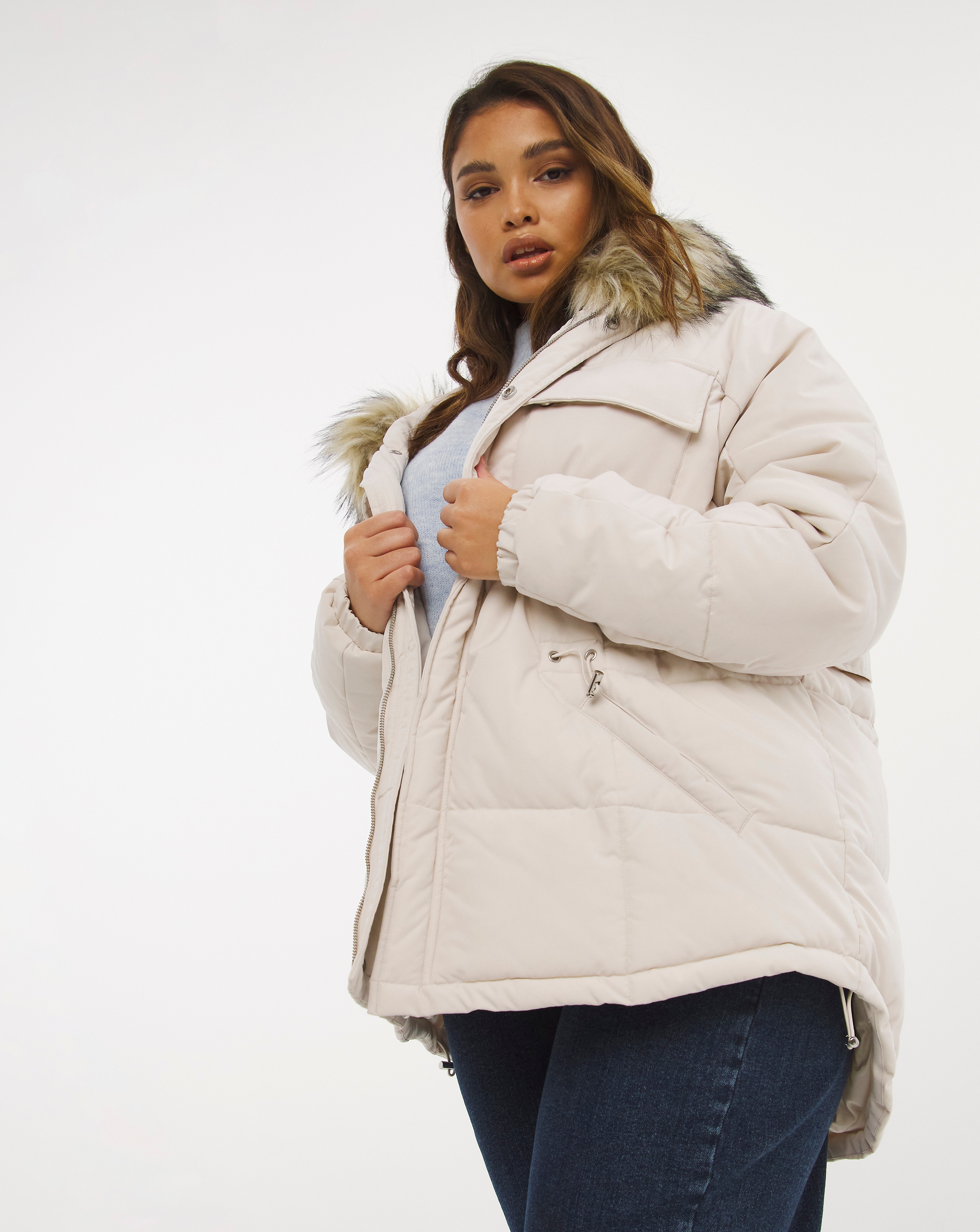 Stone Dip Hem Parka with Faux Fur Trim 
