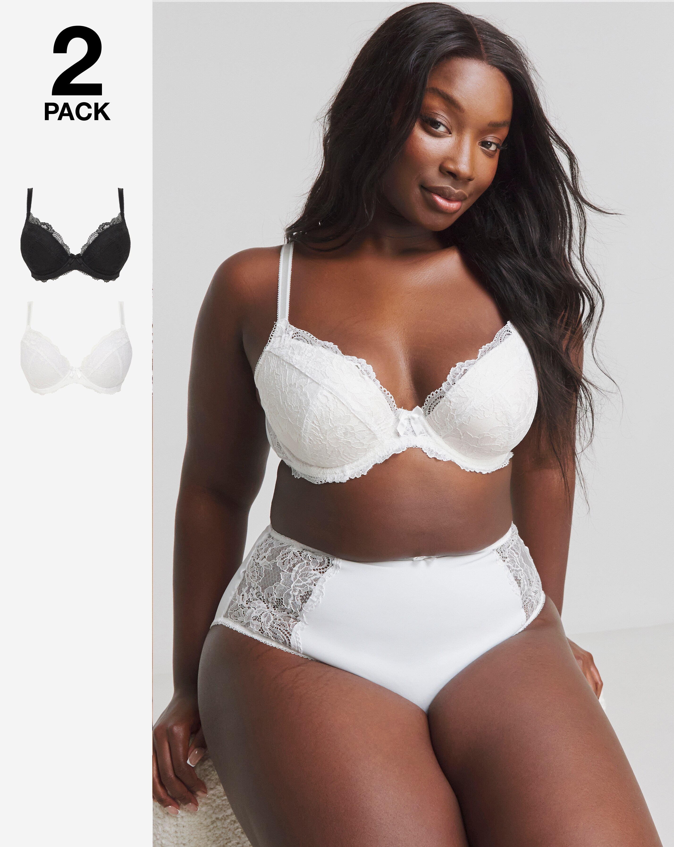 2 Pack Ella Lace Padded Plunge Bras - Black/white - Size 36B - Women's