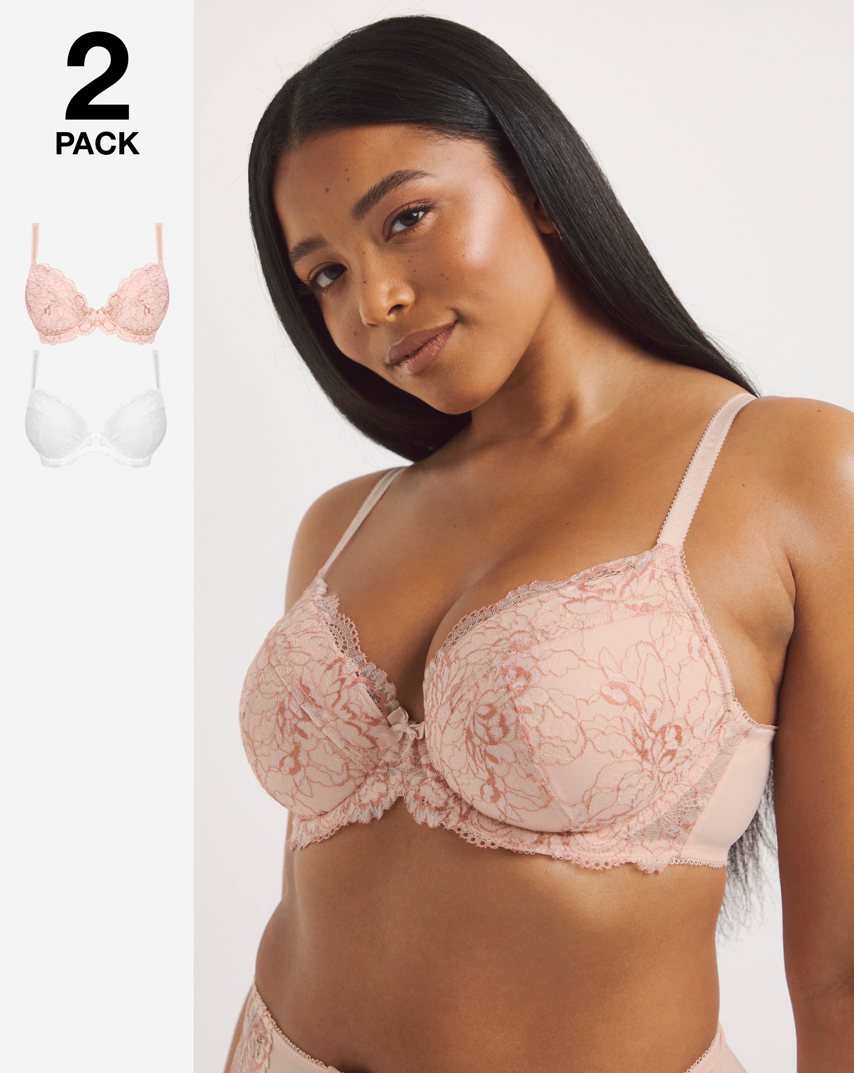 Pretty Secrets 2 Pack Ella Lace Padded Plunge Bras In Blush/white | UK Size 38B Women's
