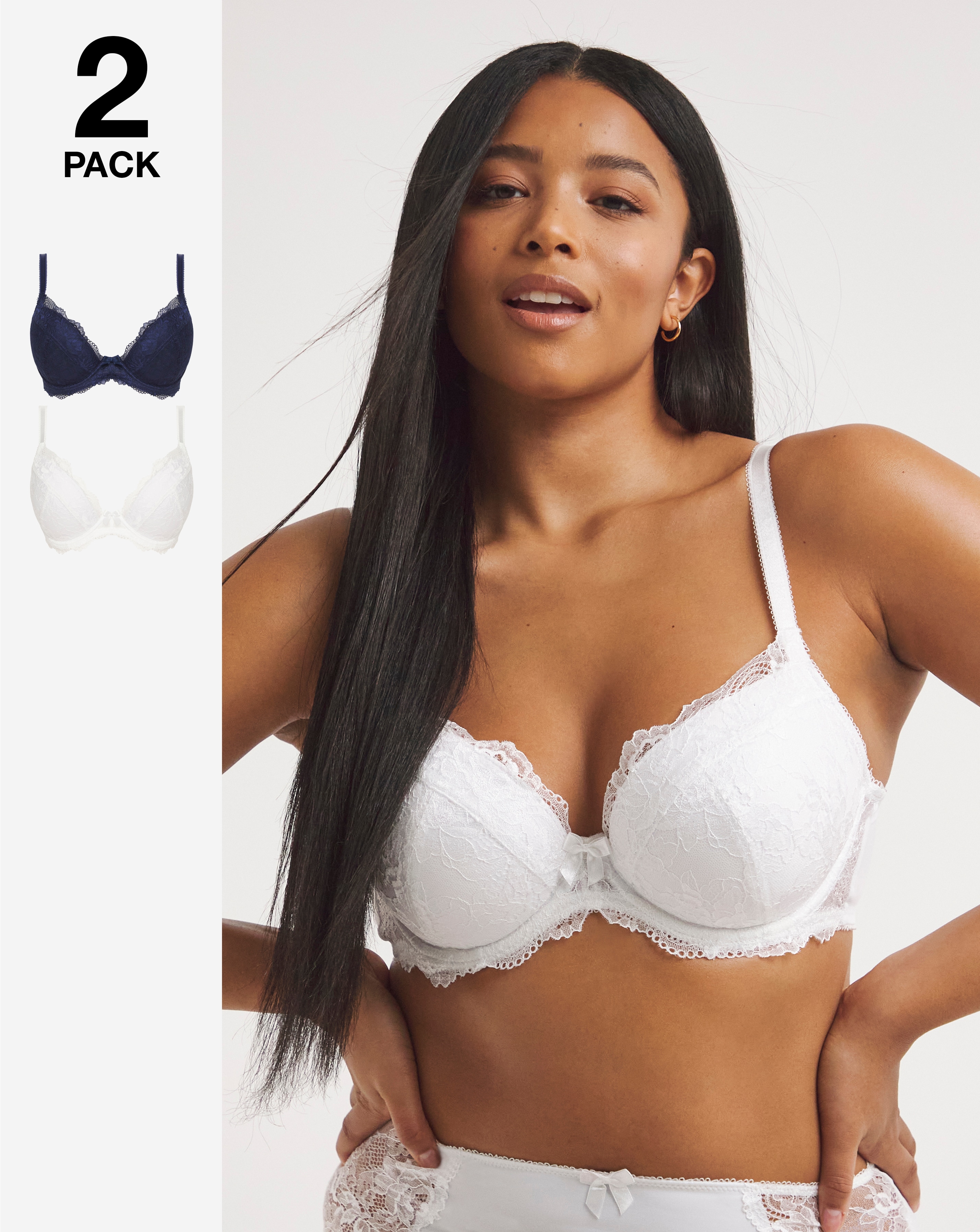 Pretty Secrets 2 Pack Ella Lace Padded Plunge Bras In Navy/white | UK Size 36B Women's