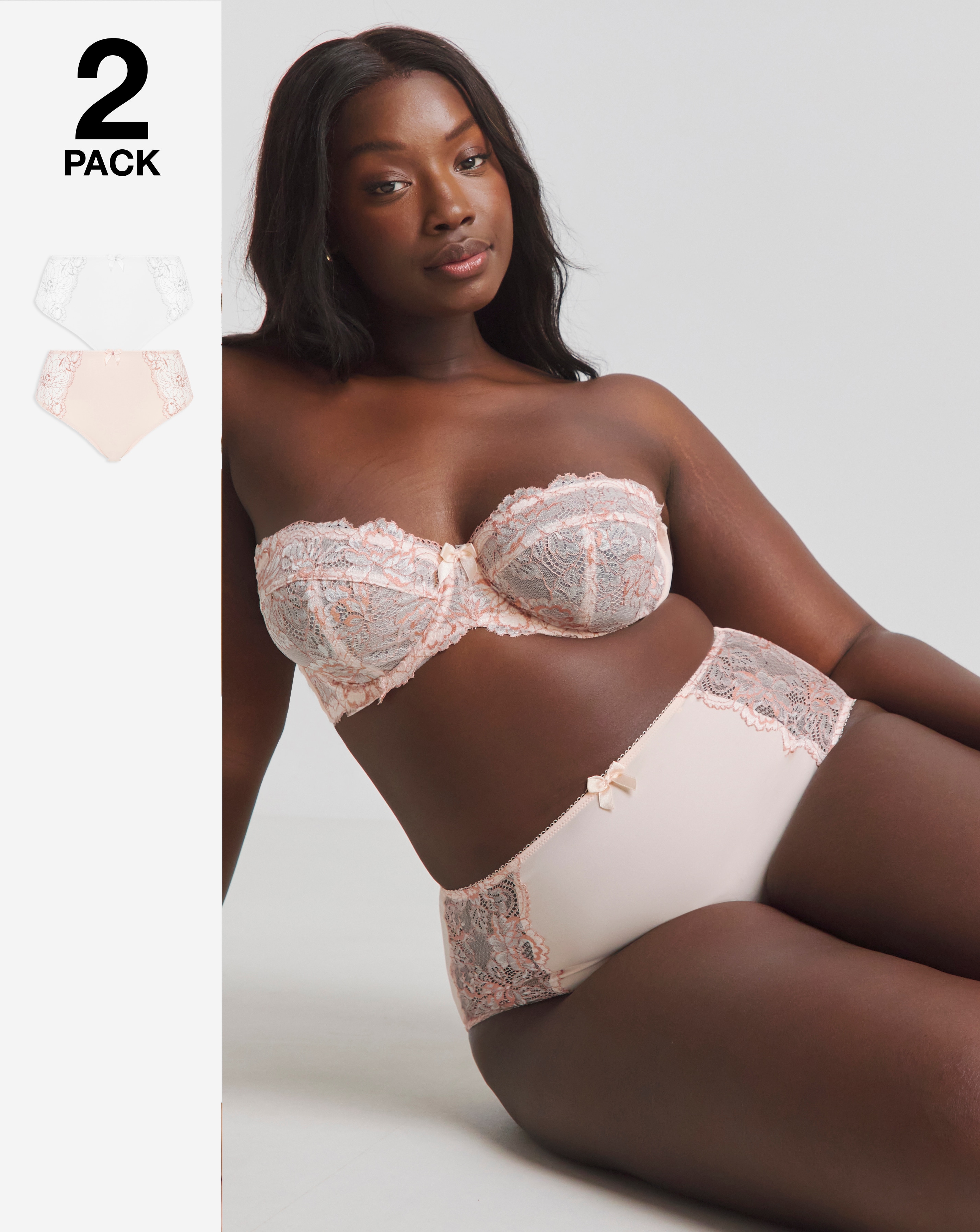 Pretty Secrets Plus Size 2 Pack Ella Lace Briefs In Blush/white | UK Size 16 Women's