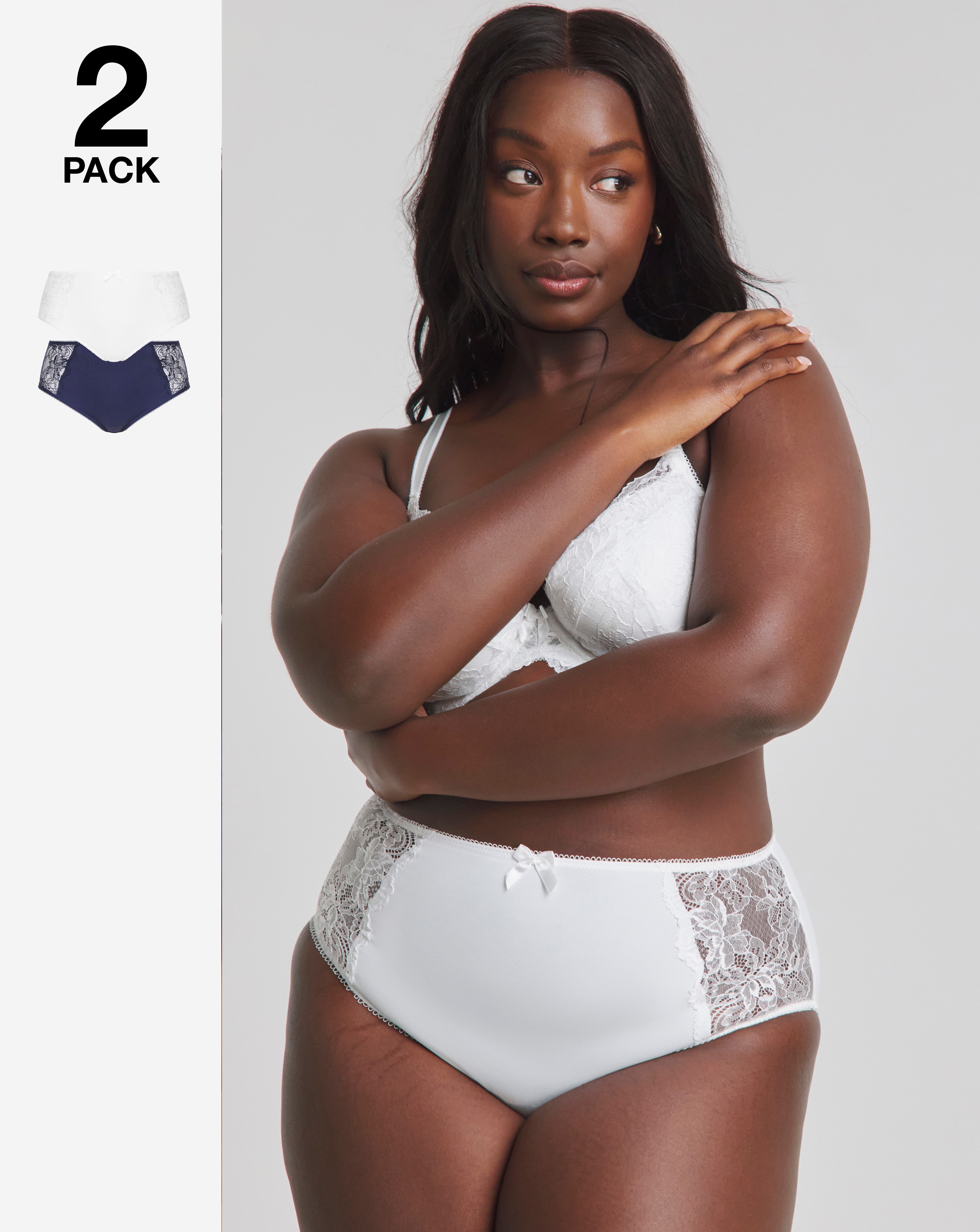Pretty Secrets Plus Size 2 Pack Ella Lace Briefs In Navy/white | UK Size 16 Women's