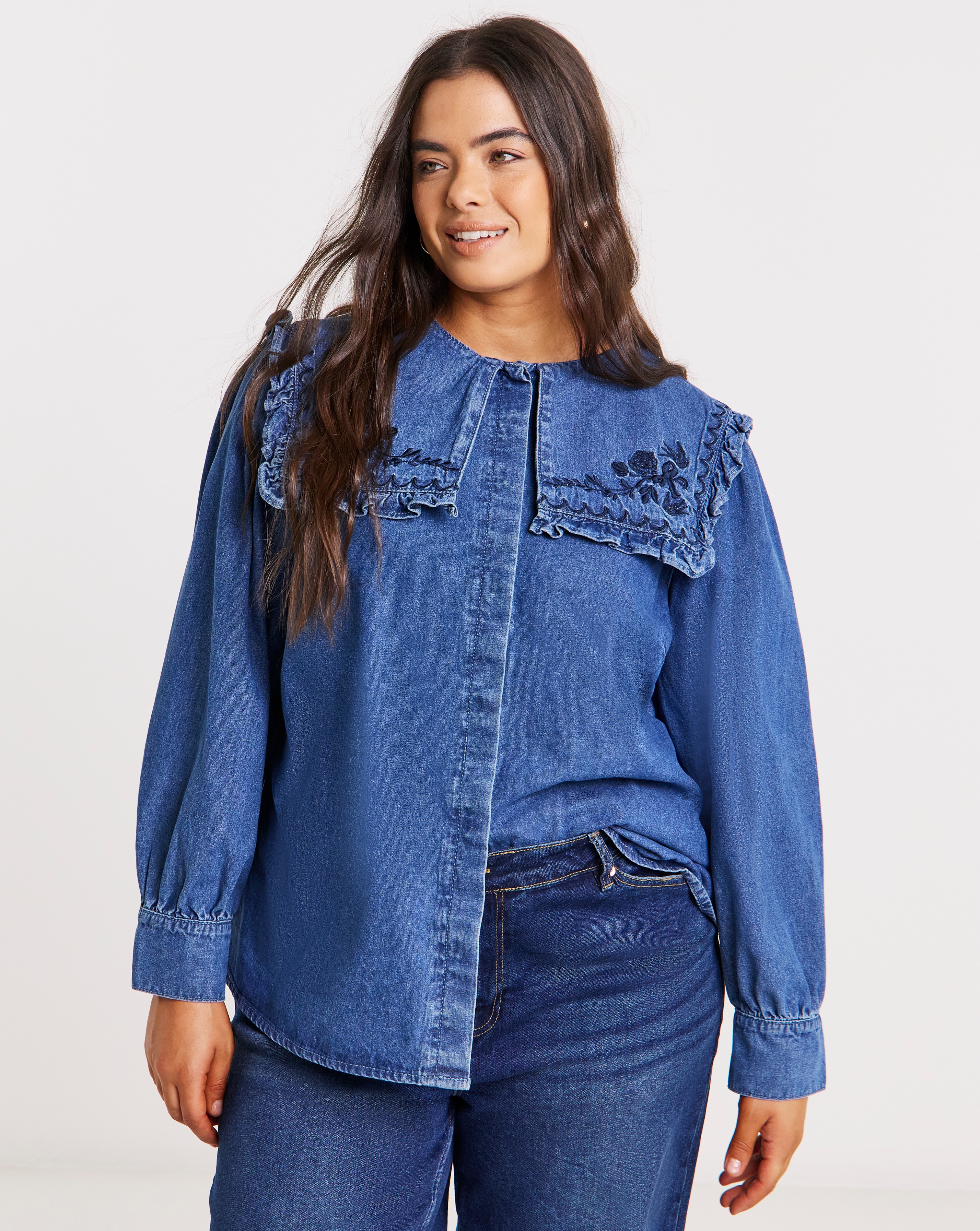 New In - Embroidered Sailor Collar Denim Shirt