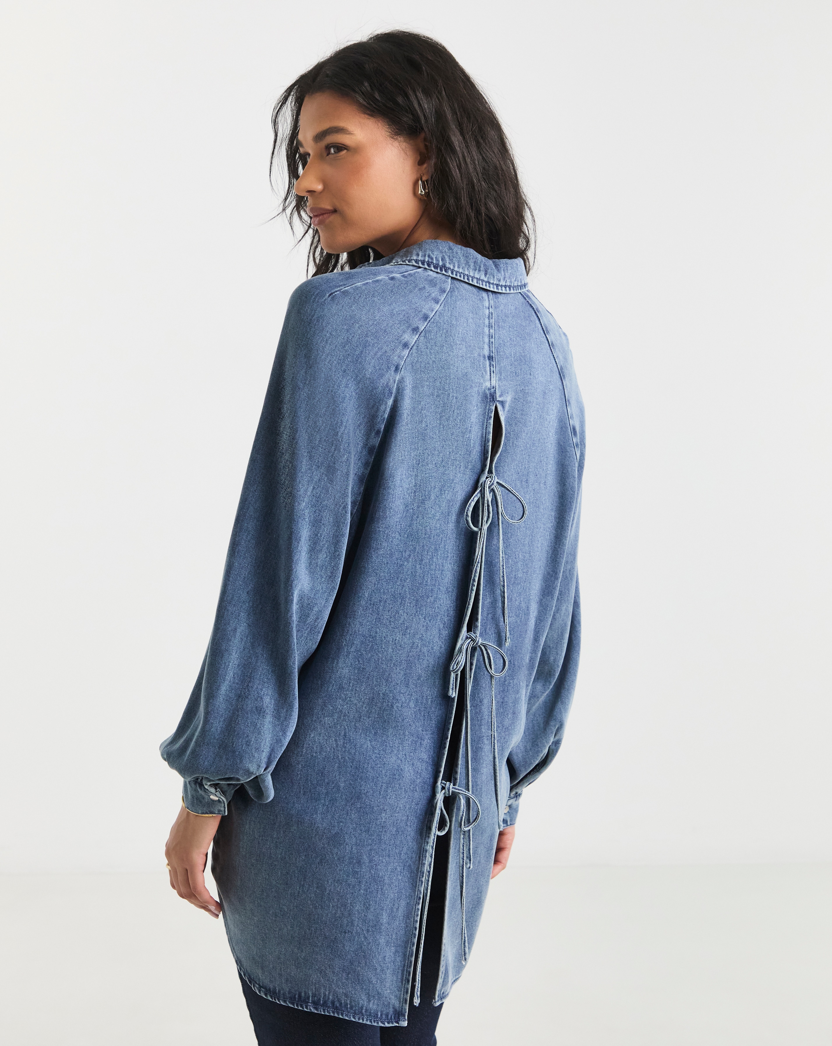 SBE Light Wash Open Back Denim Shirt