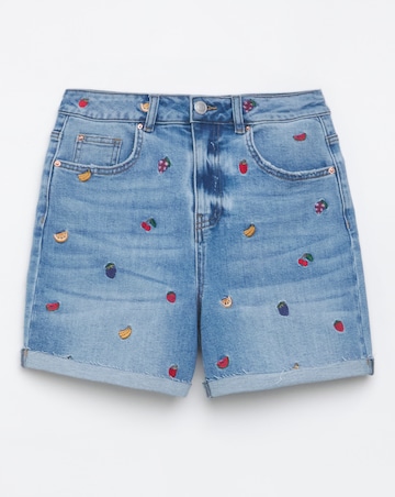 Fruit Salad Embroidered Roll Hem Mom Short